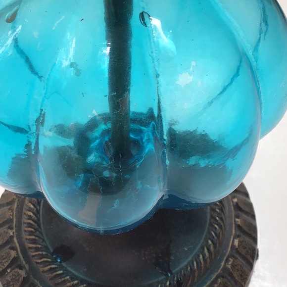 Pier 1 Blue Glass & Antique Brass Vintage Look Candlestick Set - Picture 2 of 10